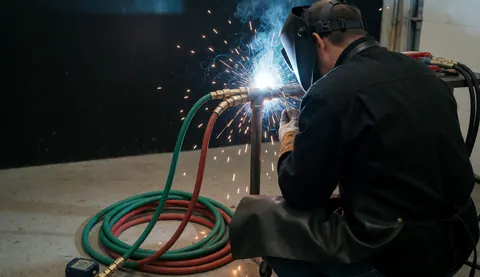 Professional welder wearing protective helmet and green and red gas hoses working on steel pipe with sparks in industrial workshop