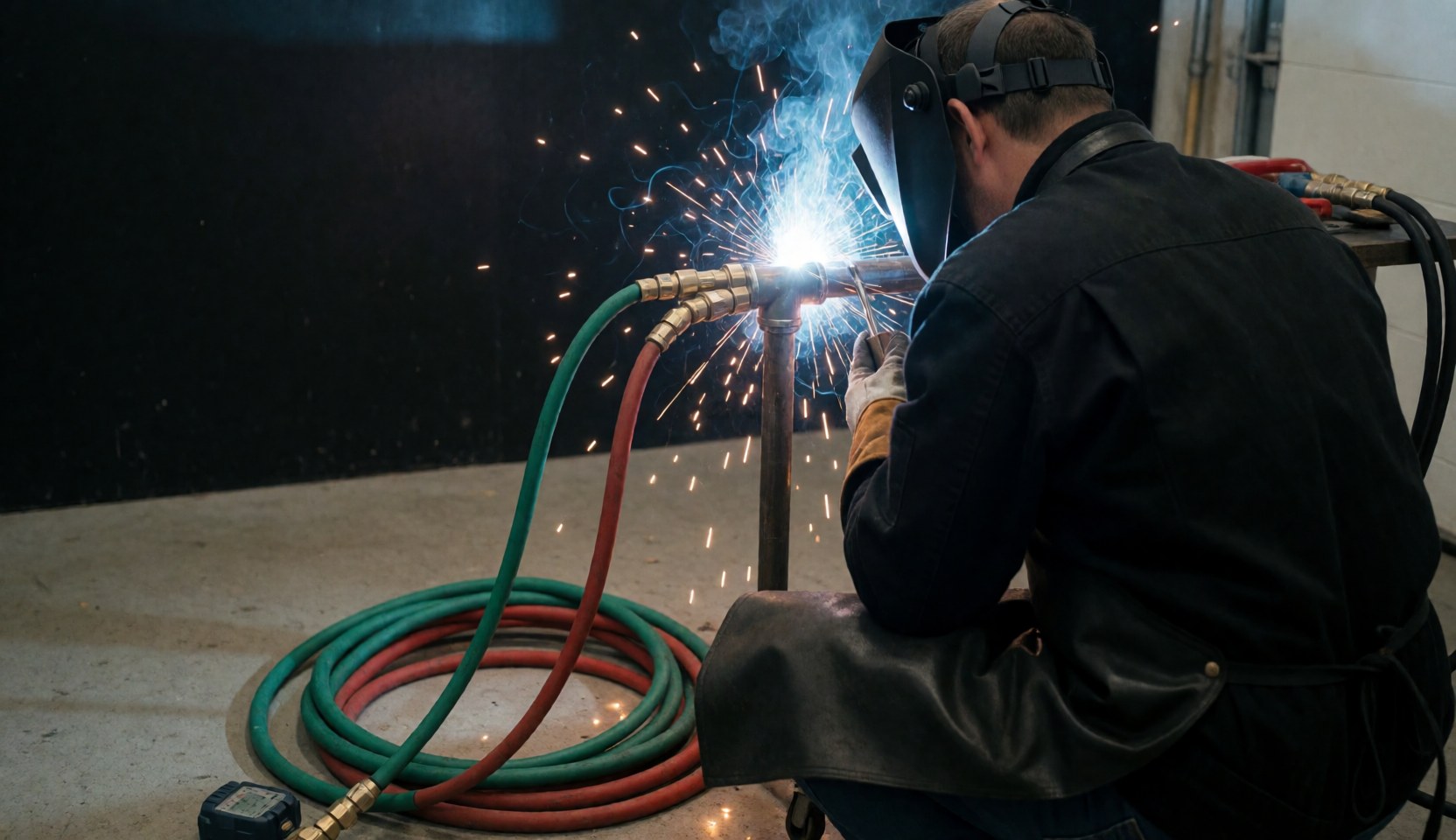Professional welder wearing protective helmet and green and red gas hoses working on steel pipe with sparks in industrial workshop