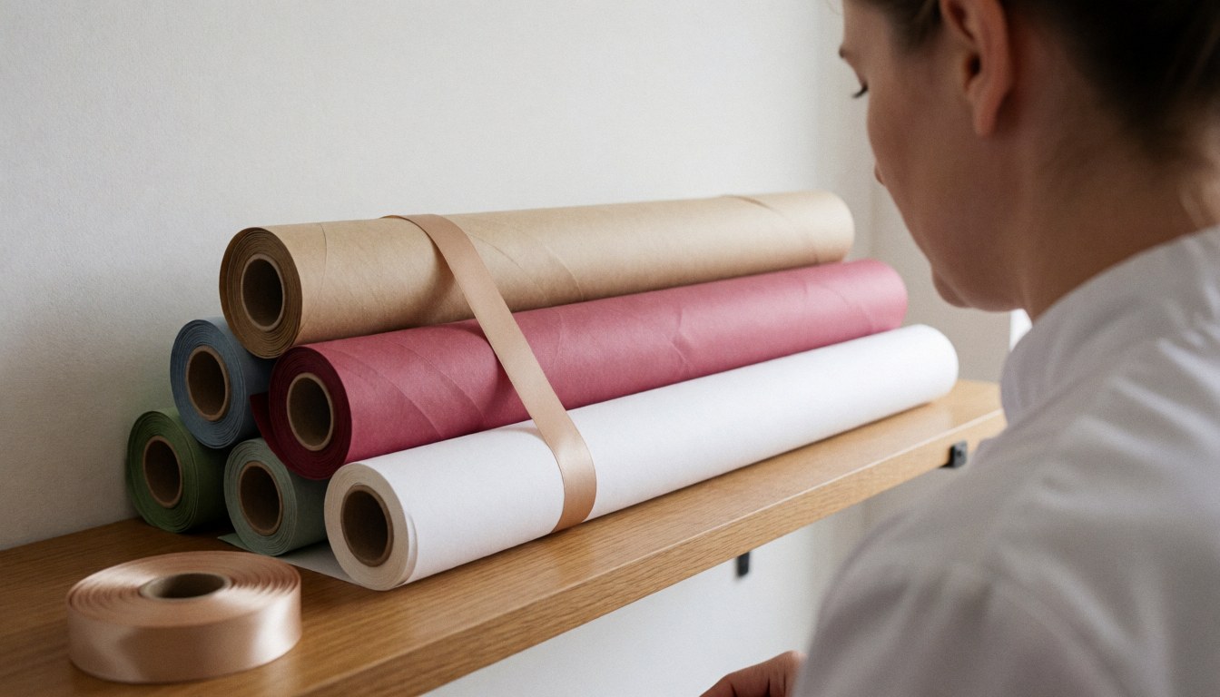 Colorful textured paper rolls and satin ribbon on a wooden shelf in a florist shop with white walls