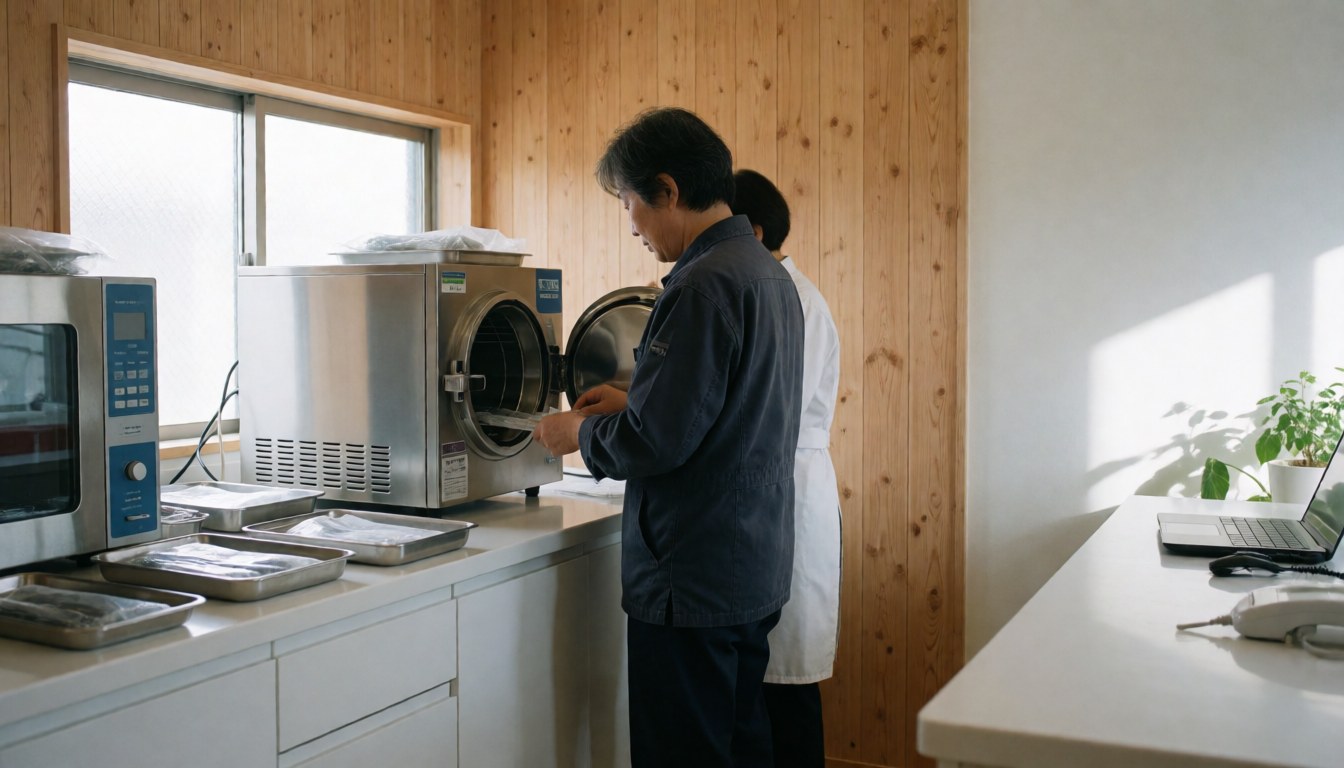 Professional opening a sterile autoclave in a sterilization room with light wood walls and natural light, ideal for an acne treatment clinic.