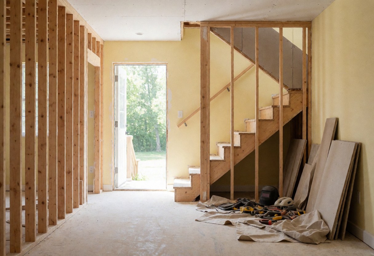 Interior of a house under construction showing a wooden staircase frame, yellow walls, and tools on the floor.