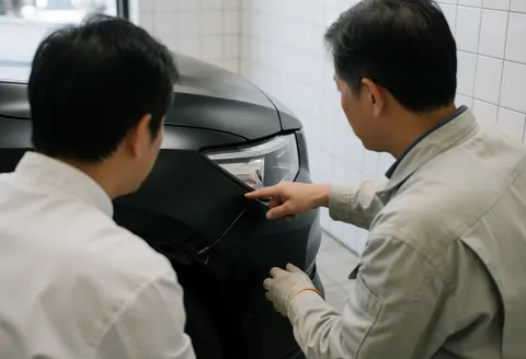 Customer checking black vinyl installation on a car hood while a professional stands nearby in a workshop with white tiled walls.