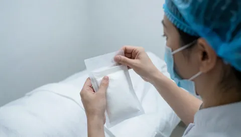 A therapist wearing a mask and cap opens a package of white sterile compresses on a treatment bed in a chemical peel clinic.