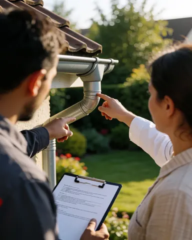 Technician and client inspecting a repaired metal gutter on a residential roof during sunset, showing completed roof repair work.