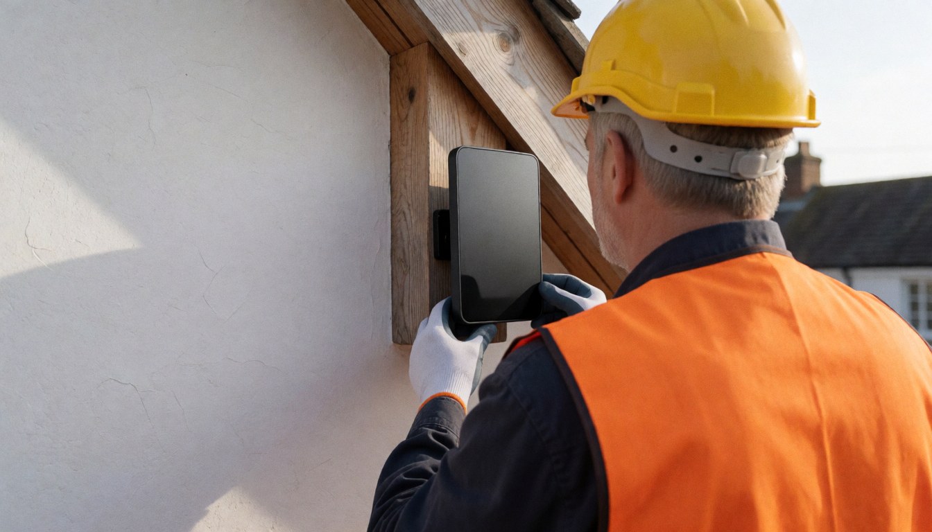 Technician wearing safety gear installs a black digital antenna on a wooden roof structure during morning light with space for text on the left.