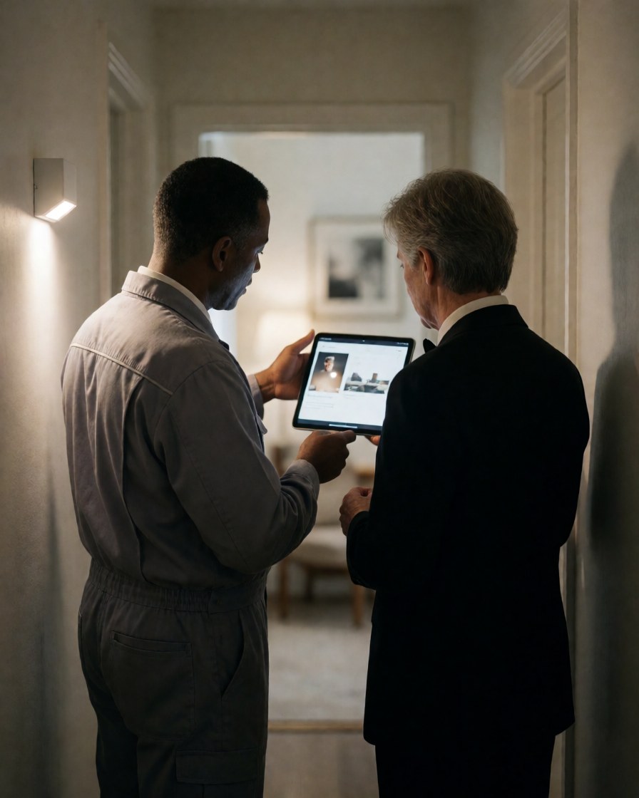 Technician and client review an LED lighting design on a tablet in an elegant hallway with a wall-mounted LED light.