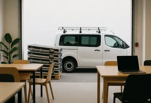 White van carrying stacked bicycle boxes and racks on a pallet against a white wall, suitable for logistics and storage.