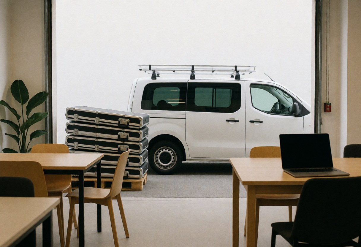 White van carrying stacked bicycle boxes and racks on a pallet against a white wall, suitable for logistics and storage.
