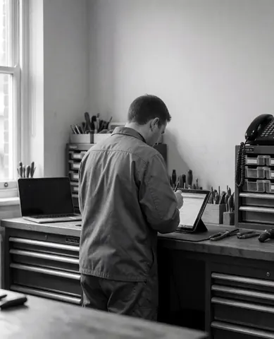 Technician working on a tablet at a workbench with organized tools and natural light in a mobile repair shop
