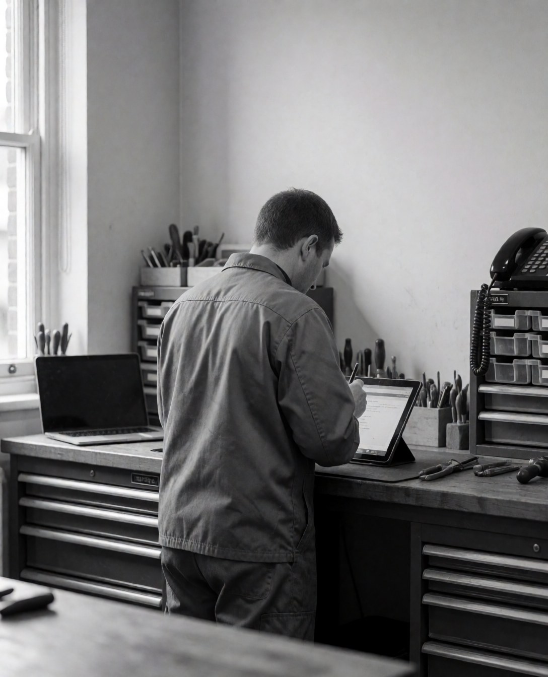 Technician working on a tablet at a workbench with organized tools and natural light in a mobile repair shop