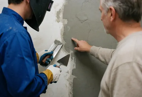 A client points to a newly waterproofed area on a basement wall while a worker applies mortar with a trowel.