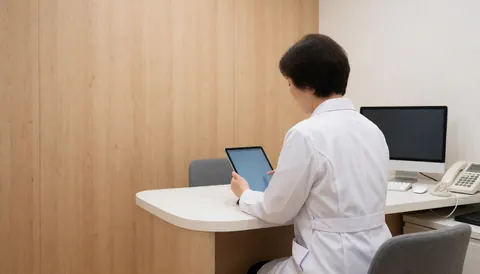 Female dermatologist reviewing information on a tablet in a modern medical office with light wood walls and space for text on the left side