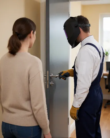 Technician in welding helmet displays newly installed gray door to client in hallway with warm walls and wood floor