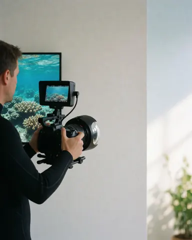Underwater photographer in a studio with a professional camera and monitor capturing a coral reef against a white background.