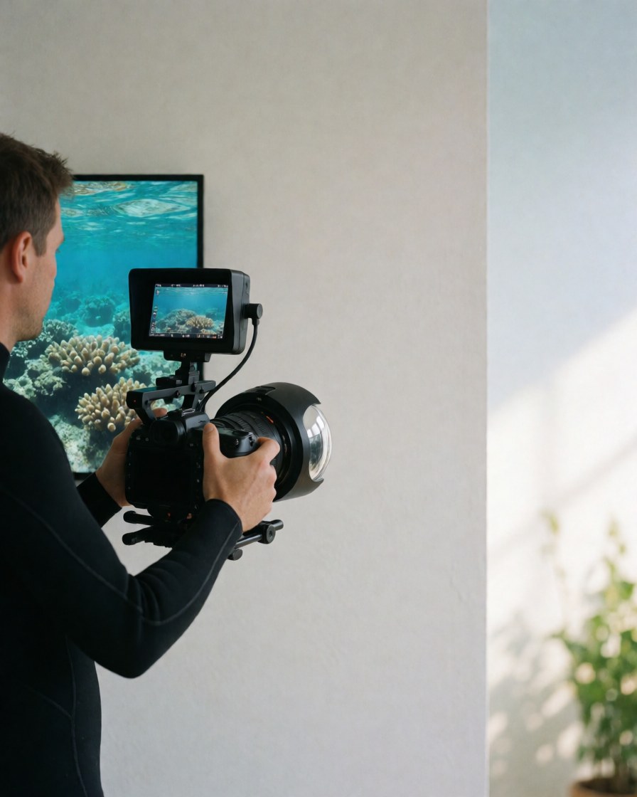 Underwater photographer in a studio with a professional camera and monitor capturing a coral reef against a white background.