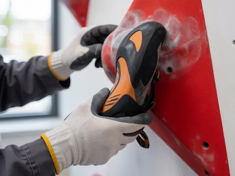 Orange and black climbing shoes gripping red holds with gloved hands on a climbing wall for training