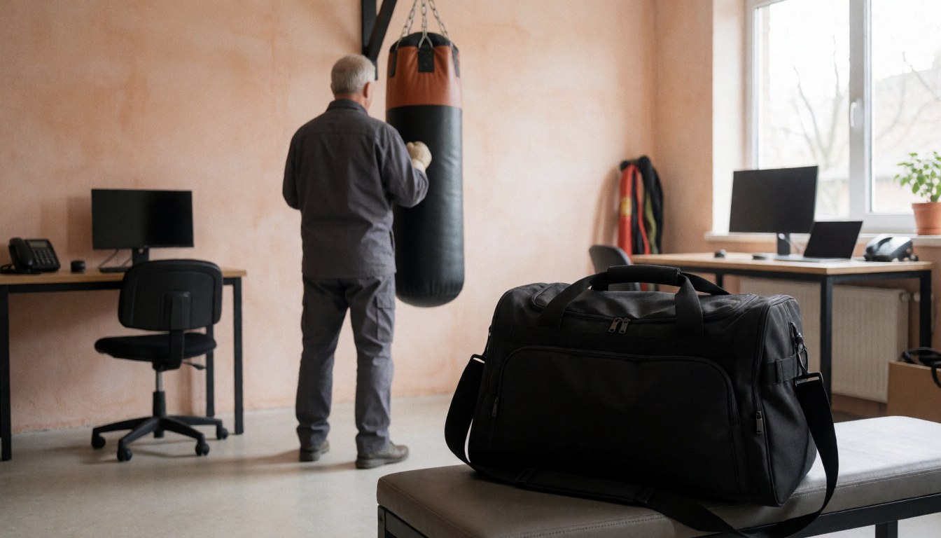 A man from behind hits a black punching bag in a gym with terracotta walls and natural light, a black suitcase rests on a bench in the foreground.