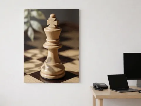 Close-up of a white chess queen piece resting on a wooden chessboard with natural lighting and a white wall background.