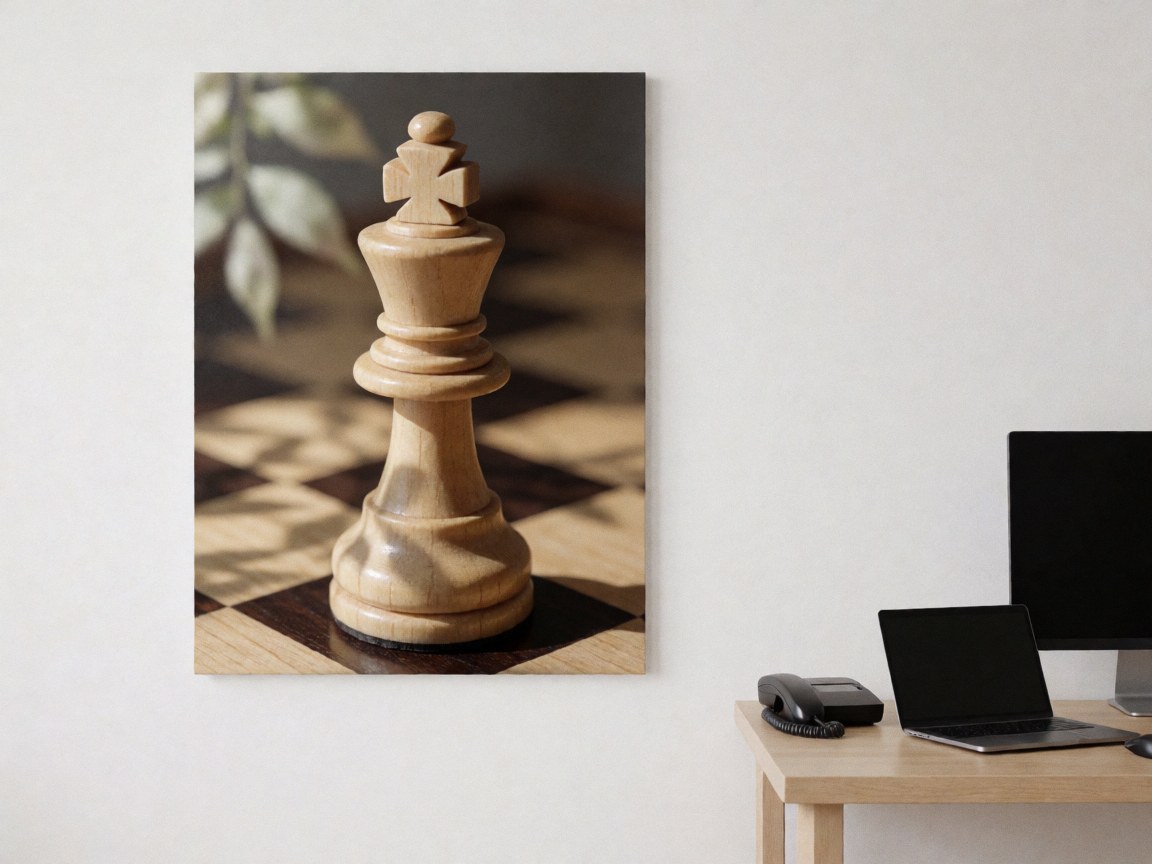 Close-up of a white chess queen piece resting on a wooden chessboard with natural lighting and a white wall background.