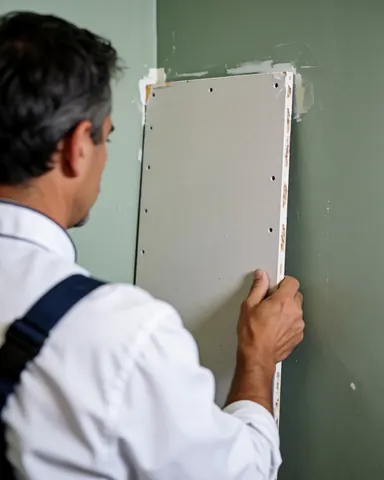 A man installs a drywall patch on a green painted wall, showing wall repair work in progress.