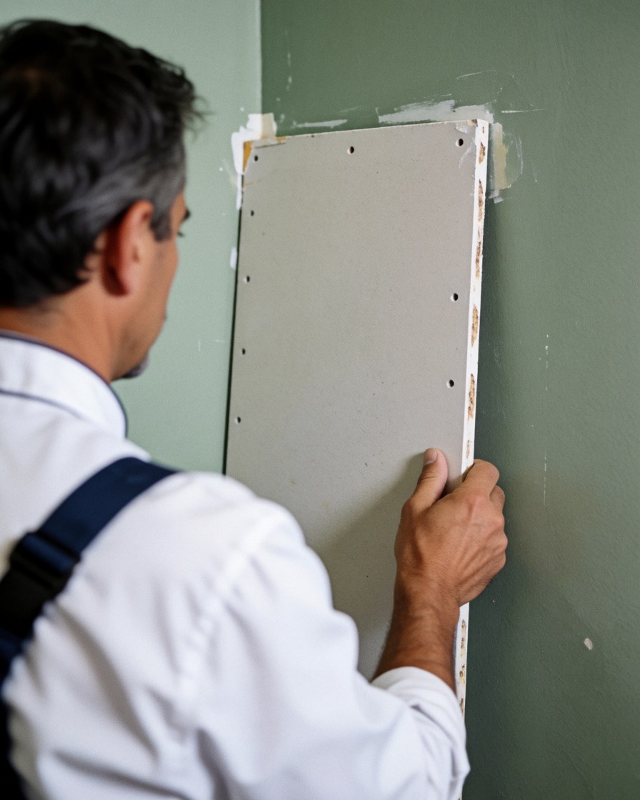 A man installs a drywall patch on a green painted wall, showing wall repair work in progress.
