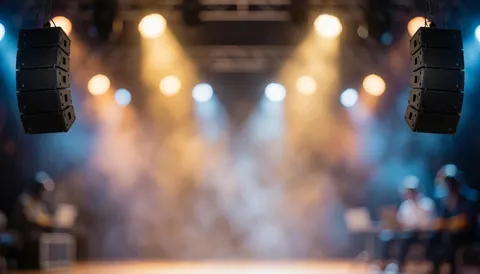 Concert stage featuring hanging speakers and blurred stage lights in bokeh, suitable for event backgrounds.
