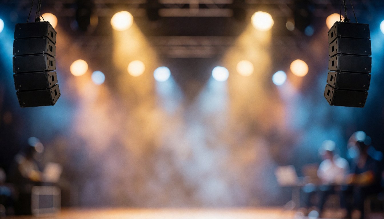 Concert stage featuring hanging speakers and blurred stage lights in bokeh, suitable for event backgrounds.