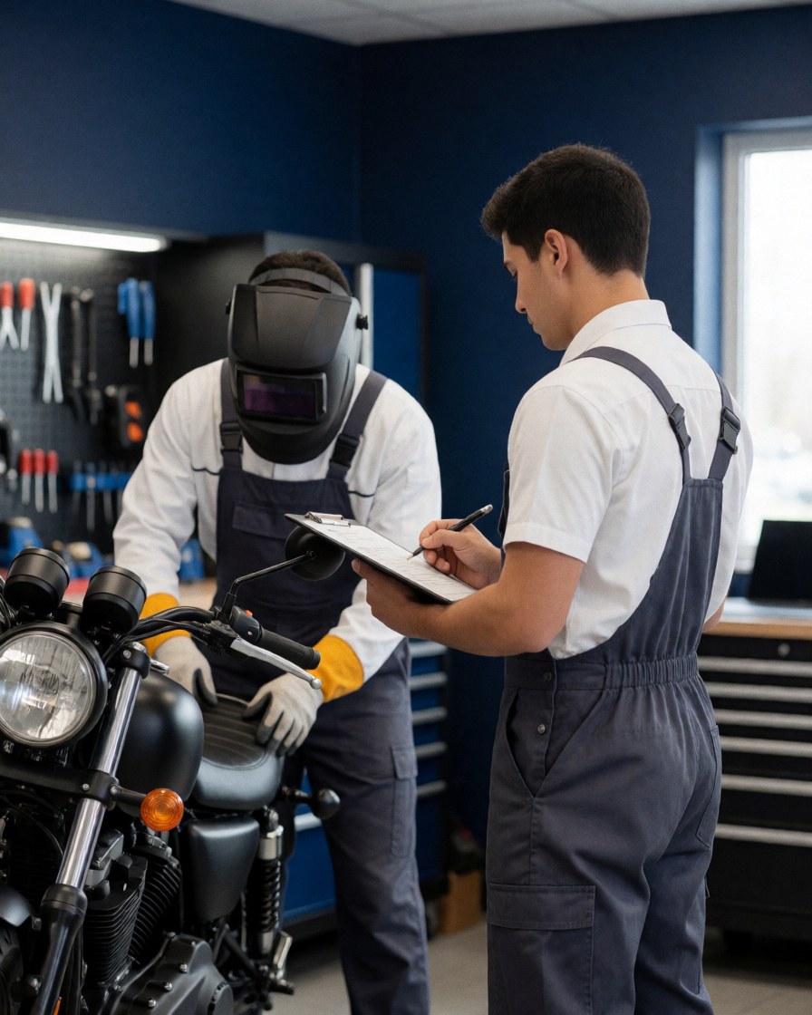 A mechanic wearing a helmet adjusts a motorcycle suspension in a blue workshop while a client reviews a clipboard.