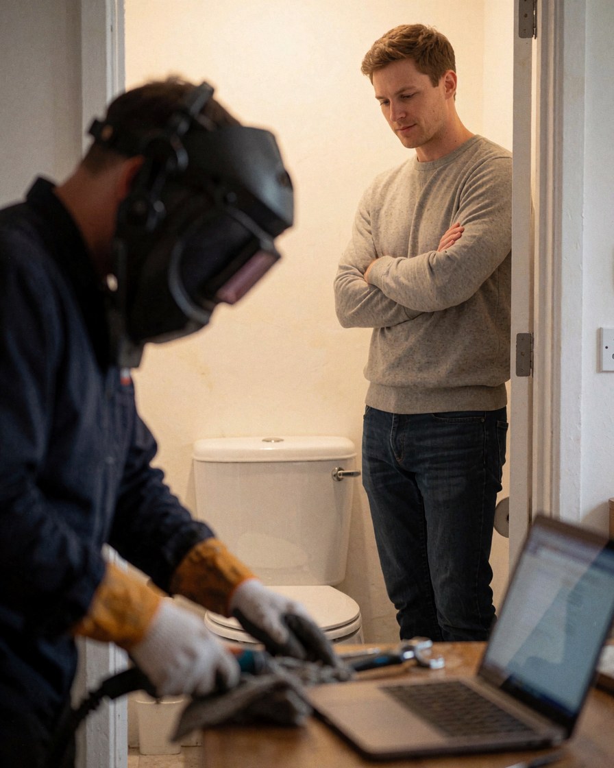 Satisfied client with arms crossed looks at a fixed toilet while a plumber in a hard hat cleans tools near a laptop.