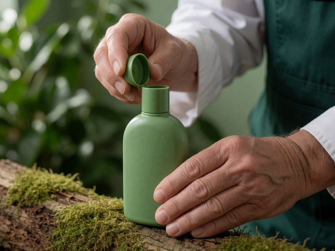 Adult hands unscrewing the cap of a green sustainable bottle placed on a moss-covered log with green foliage background for ecological park product display