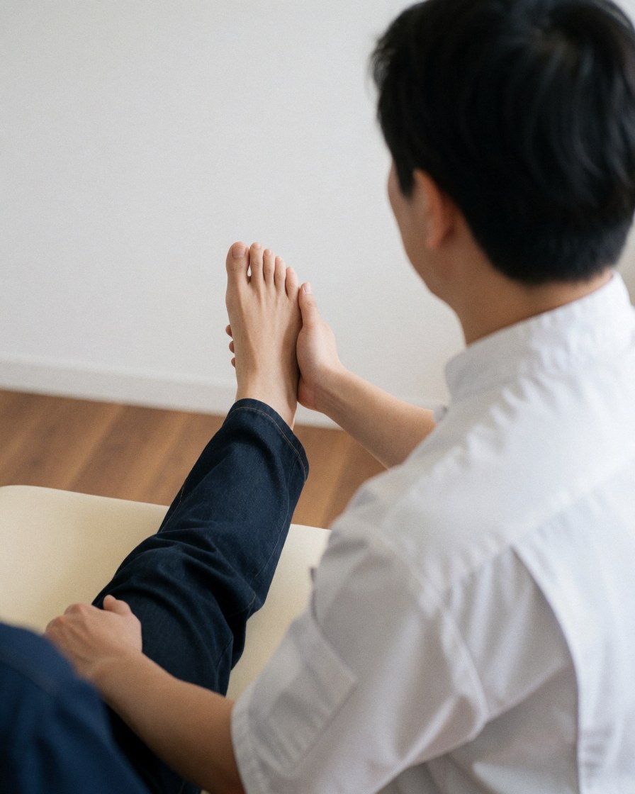 Therapist performing deep tissue massage on a client's foot in a modern clinic with white walls and wood flooring