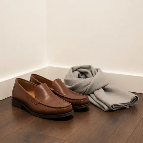 Brown leather shoes and a gray scarf placed on a wooden floor, suitable for tango class attire