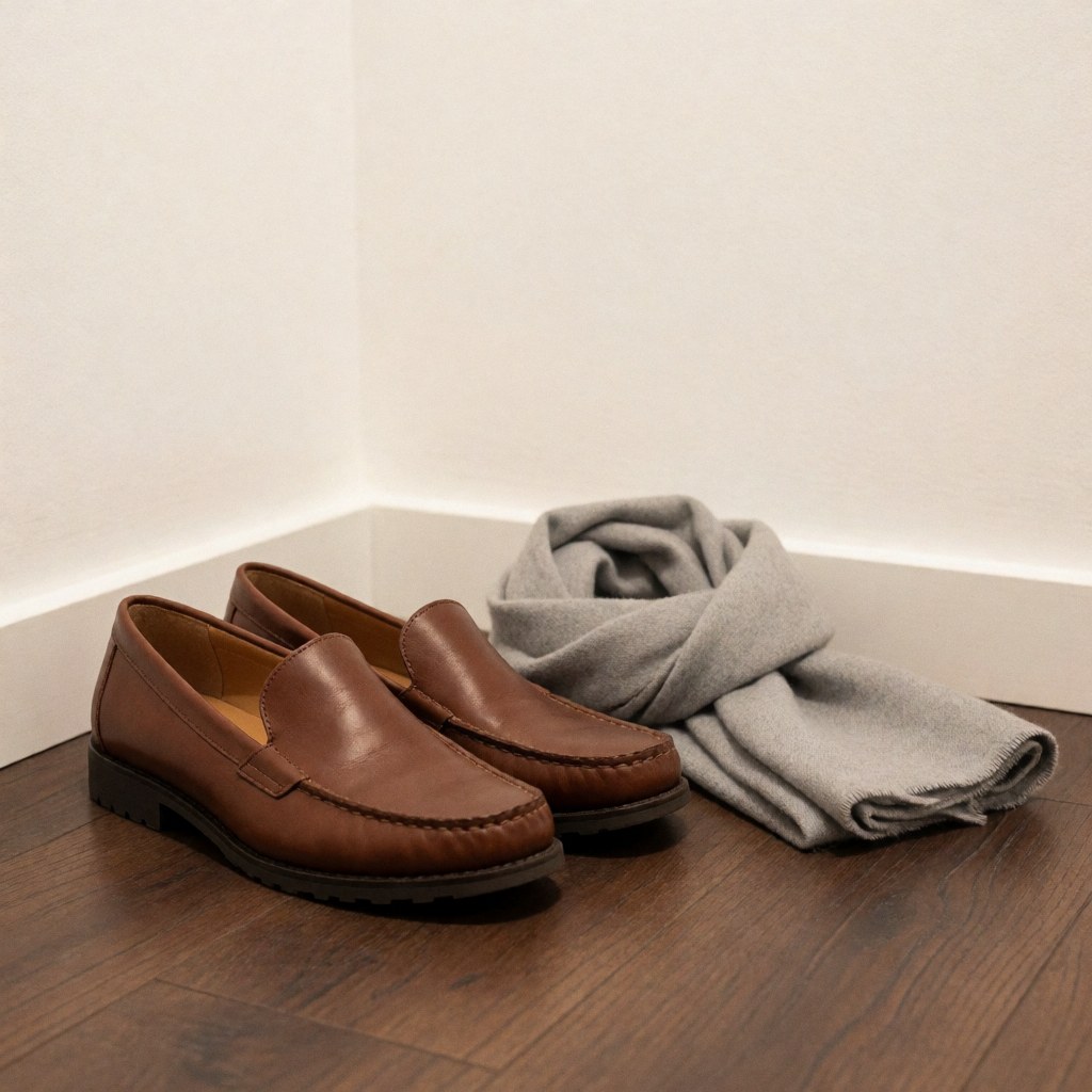 Brown leather shoes and a gray scarf placed on a wooden floor, suitable for tango class attire