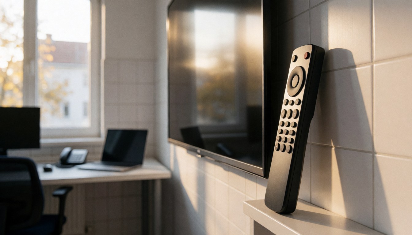 Universal remote control placed beside a flat screen television against white tiled walls with natural light from a window