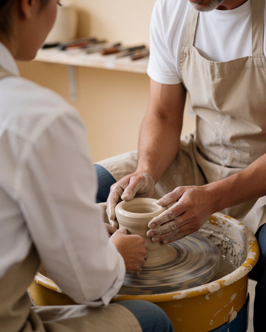 An instructor and student work together at a pottery wheel, using tools to shape clay in a studio with beige walls.