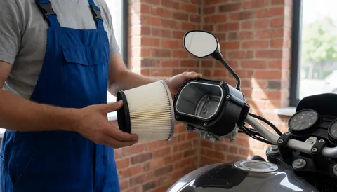 Mechanic installing a new air filter in a motorcycle airbox with a brick wall and natural light