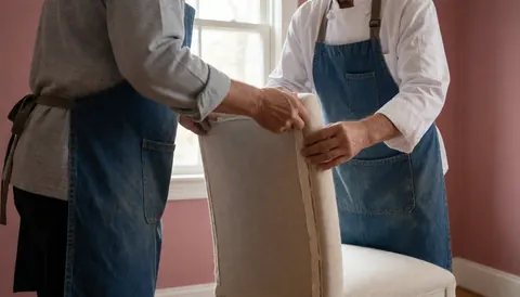 Two upholsterers adjusting fabric on an upholstered chair in a workshop with pink walls and natural light.
