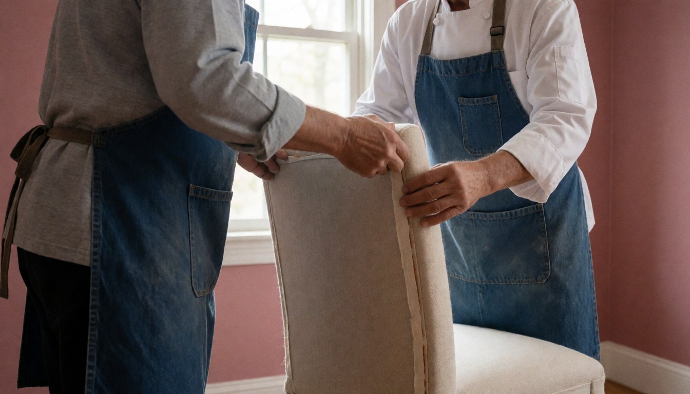 Two upholsterers adjusting fabric on an upholstered chair in a workshop with pink walls and natural light.