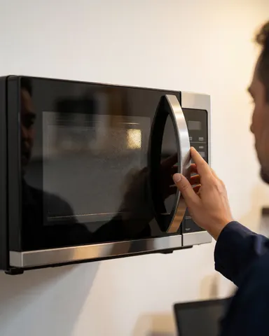 A customer closes the microwave door after a repair in a workshop with a white wall and warm lighting.