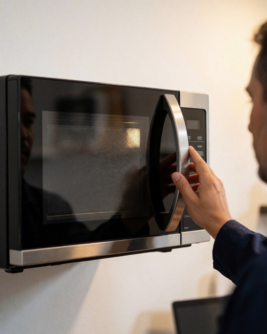A customer closes the microwave door after a repair in a workshop with a white wall and warm lighting.