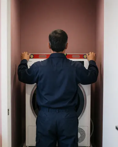 Technician in blue uniform installs a white dryer in a room with a pink wall, using a red leveler to ensure perfect alignment.