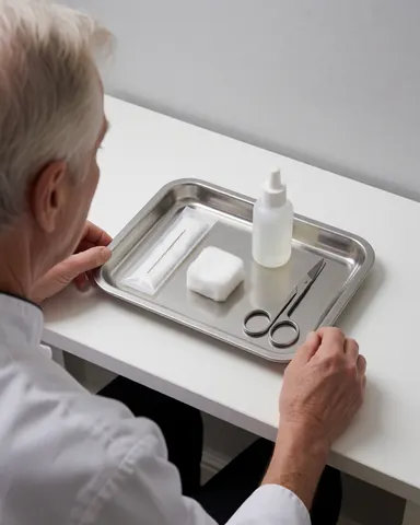 Professional preparing sterile piercing equipment on a metal tray over a white table
