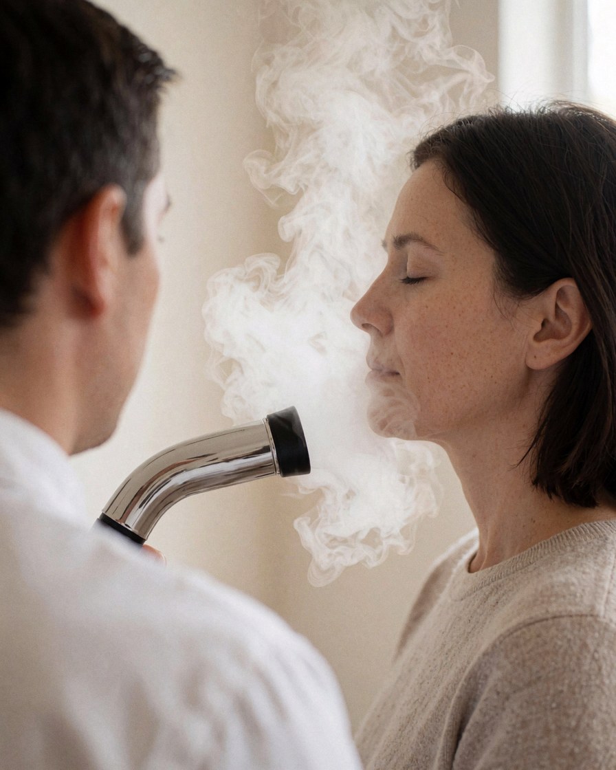 A client with closed eyes receiving a facial steam treatment from a professional in a calm salon setting