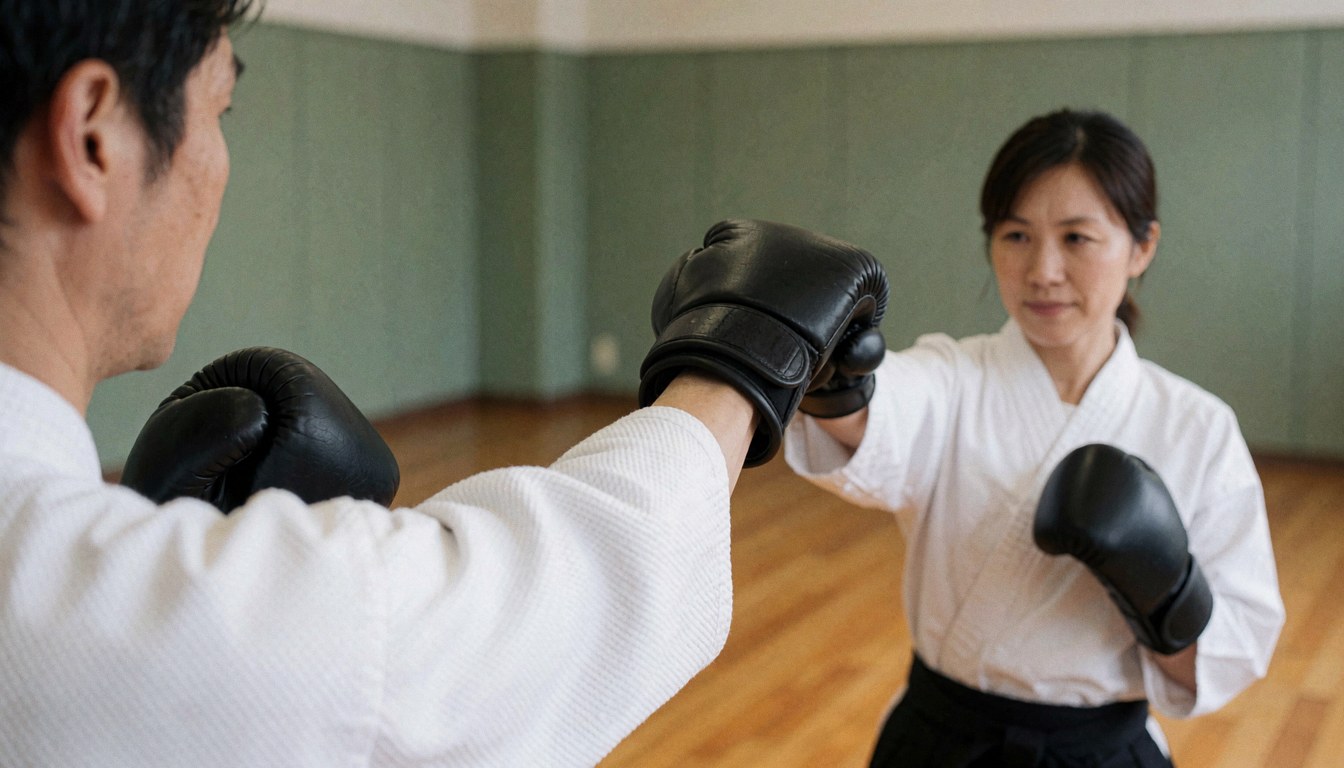 Back view of a karate student wearing black gloves practicing a punch in a dojo with wooden floor and green walls