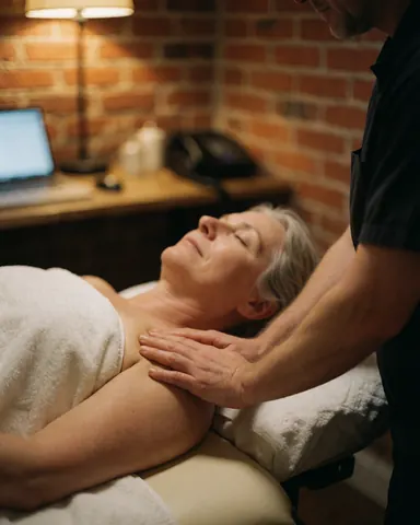 A woman receives a Swedish massage on a table with a red brick wall and warm light in the background.