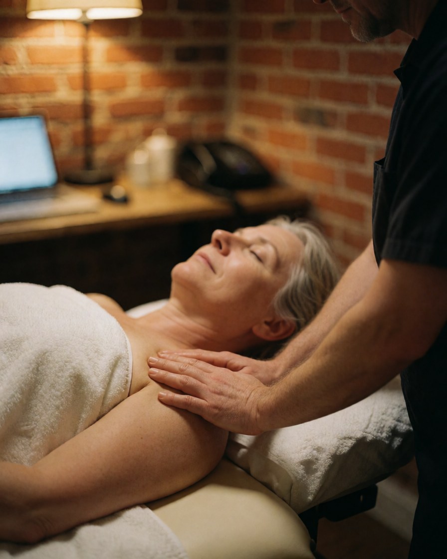 A woman receives a Swedish massage on a table with a red brick wall and warm light in the background.