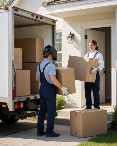 Two workers carry kitchen boxes into a house while a smiling woman watches from the entrance during a kitchen installation service.