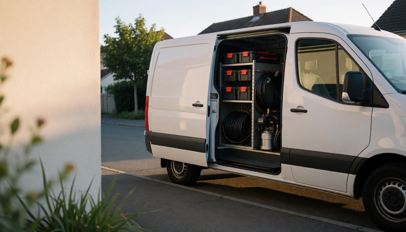 White pipe repair truck equipped with tools and hoses parked on a residential street, suitable for a business website hero section.