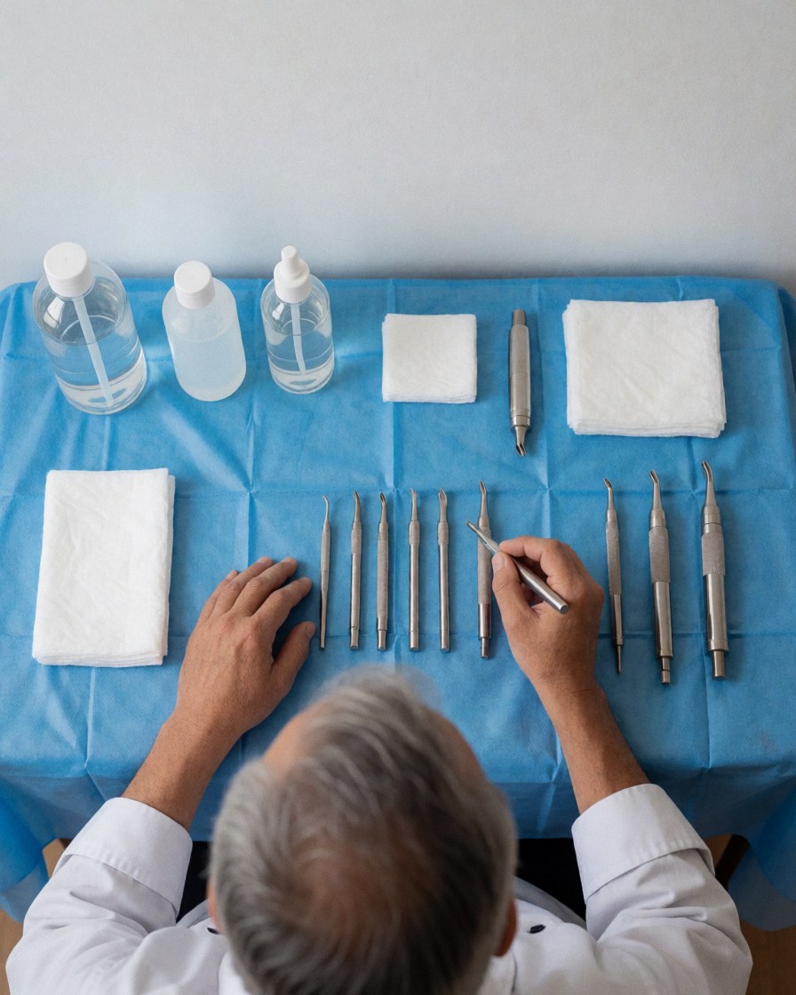 Professional tattoo artist preparing sterile tattoo tools on blue gauze with antiseptic and gauze pads in a clean and orderly tattoo studio.