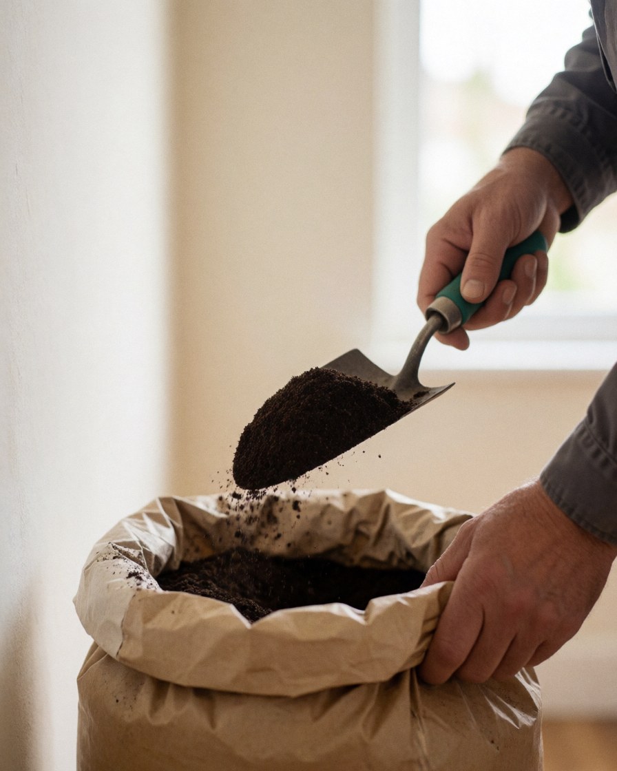 Close-up of a hand using a shovel to fill a bag with dark soil against a painted wall in natural light